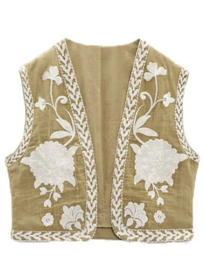 Women Vintage Embroidered Crop Vest Top Y2K Boho Floral Sleeveless Open Front Cardigan Flower Linen Vest Waistcoat Gilet Outwear