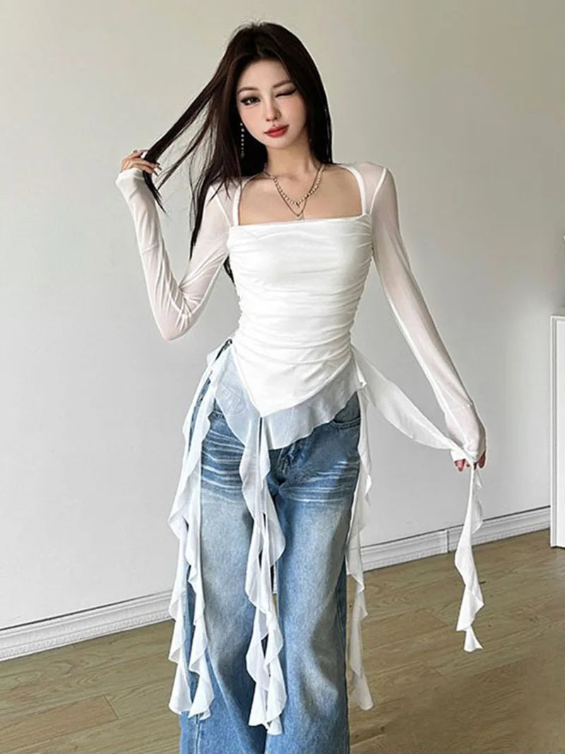 Sexy Women's Tops Fashion White Black Irregular Ribbon T-shirts for Women Long Sleeve Ruffles Slim Punk Tops Female Clothing Y2k
