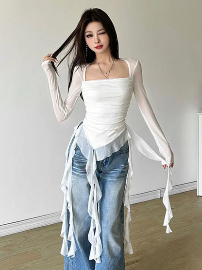 Sexy Women's Tops Fashion White Black Irregular Ribbon T-shirts for Women Long Sleeve Ruffles Slim Punk Tops Female Clothing Y2k