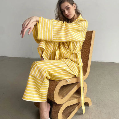 Women's Dress Sets Autumn New Striped Long-sleeved Loose Lace-up Top High-waisted Trousers Fashion Casual Suit for Women