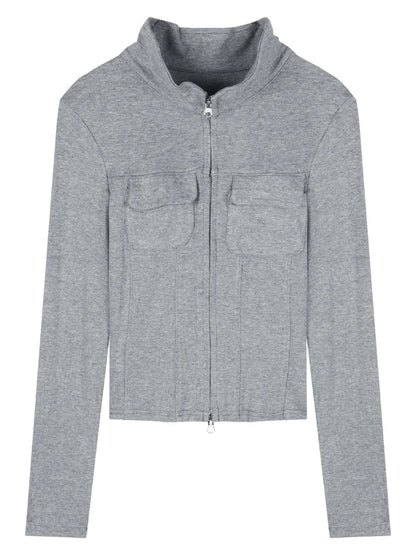 Women T-shirt Spring Autumn Clothes Ribbed Knitted Long Sleeve Short Tops Zipper Design Tee Sexy Female Slim Tops