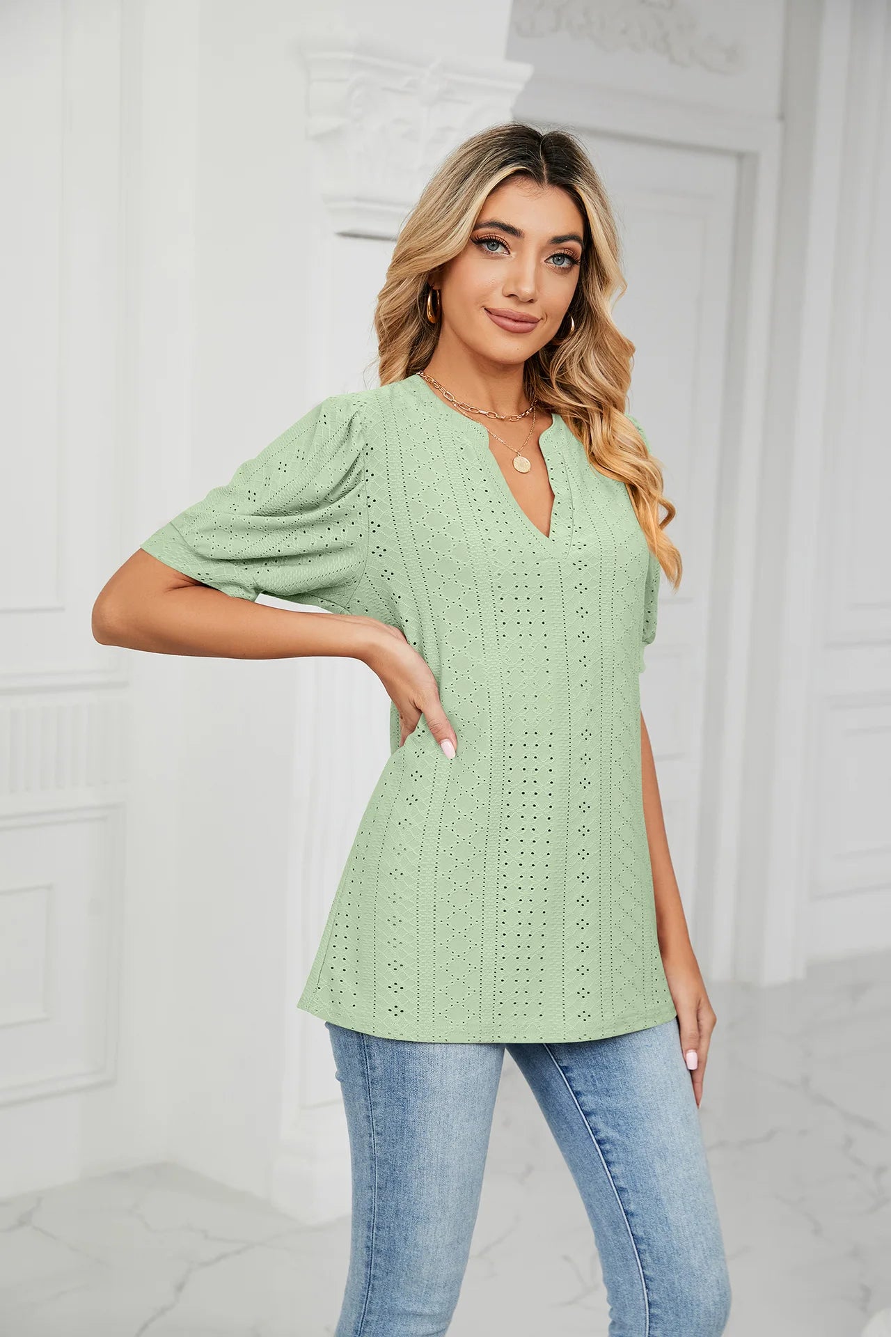 Womens Tops V Neck Ruffle Sleeve Blouses Short Sleeve Casual Tops T-Shirts for Women Autumn Winter