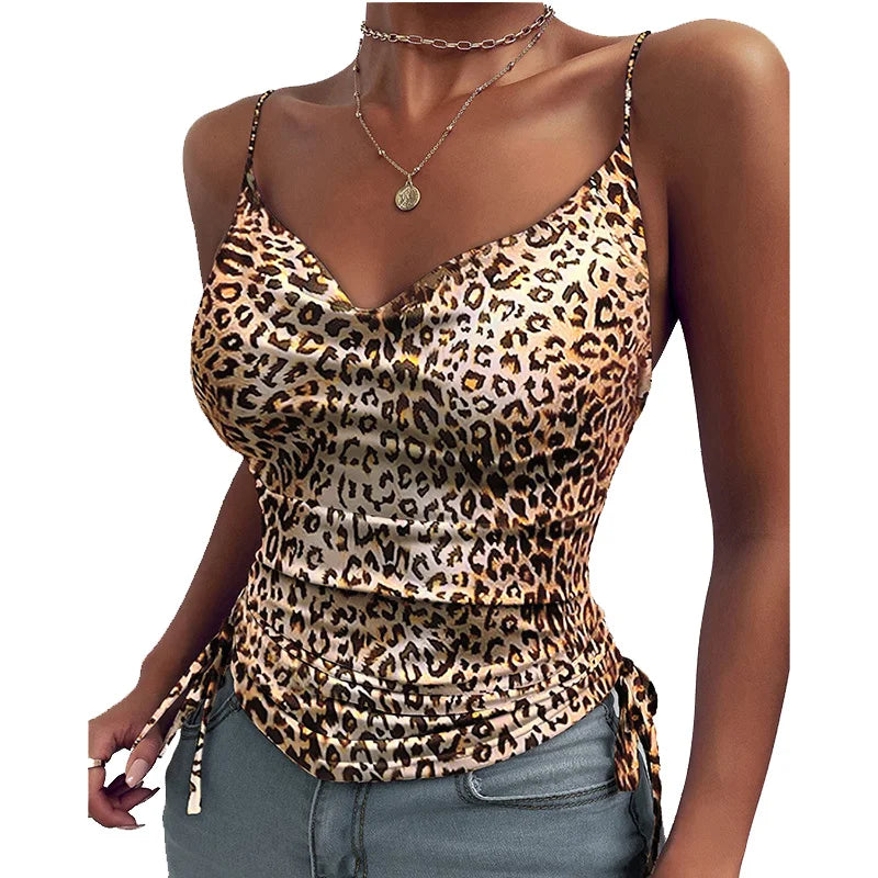 Women Tank Top V Neck Camisole Cami Drawstring Spaghetti Strap Top Loose Sleeveless Blouses Tank Shirt Summer Crop Top