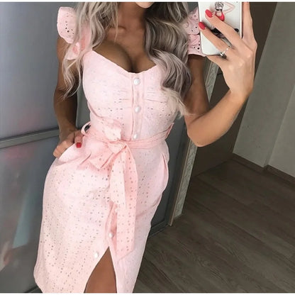 Women White Dress Lace Up Sexy Midi Vestidos Ruffles Sleeveless Bodycon Female Dresses 2022 Buttons Belt Elegant Ladies Clothes
