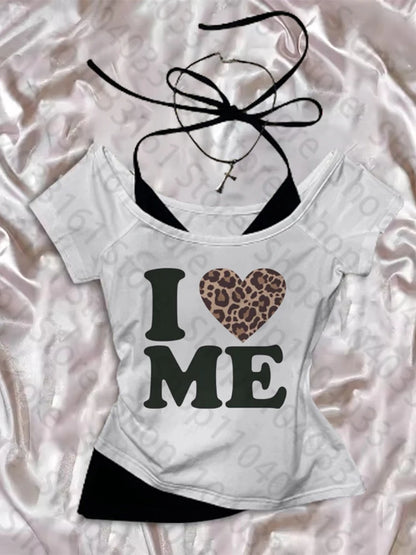 Women's Aesthetic Tops For Women Crop Top 2000s Tops With Suspenders Gothic Clothes Vintage Harajuku Grunge I LOVE ME printing