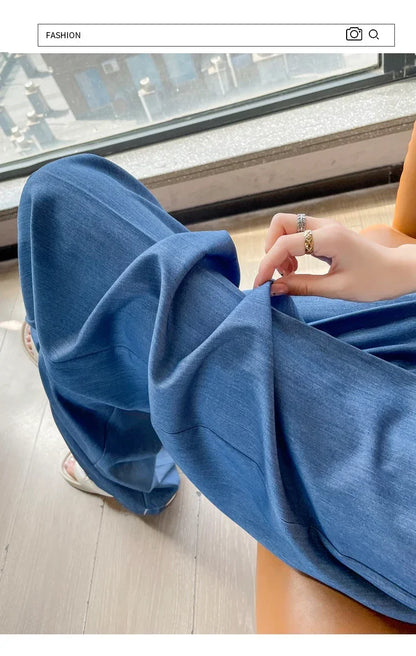 Women's Casual Basic Style Tencel Soft Ice Silk High Waisted Straight Jeans Female Commute Wide-Leg Light Blue Jeans