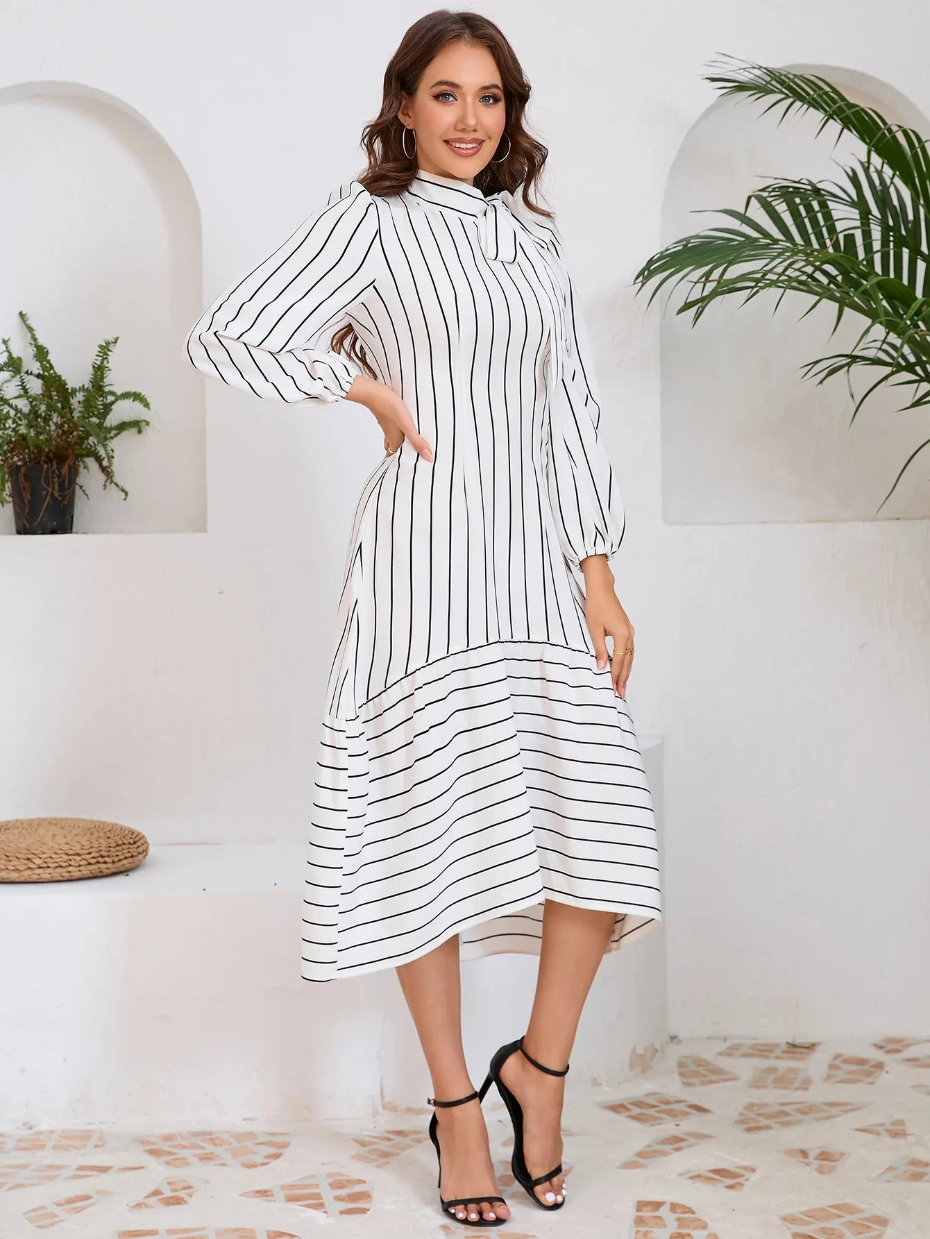 Women's Dresses Formal Fashion Office Lady Professional High-end Stand-up Collar Thin Striped Party Dress Vestidos De Mujer