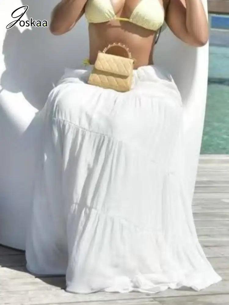 Joskaa Elegant White Skirt Women Hipster Lace-Up Elastic Waist Big Swing Skirts 2025 Summer Female Bottoms Holiday Beachwear