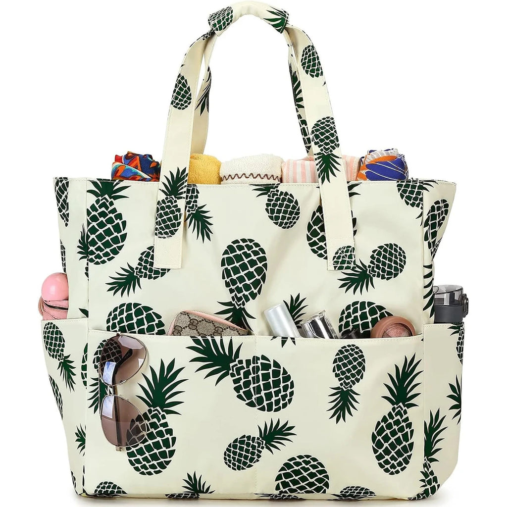 Beach Tote Bag Women，Foldable Travel Bag with Anti-Sand Pocket Lightweight Storage Bag for Gym/Shopping Packable in Carry-On