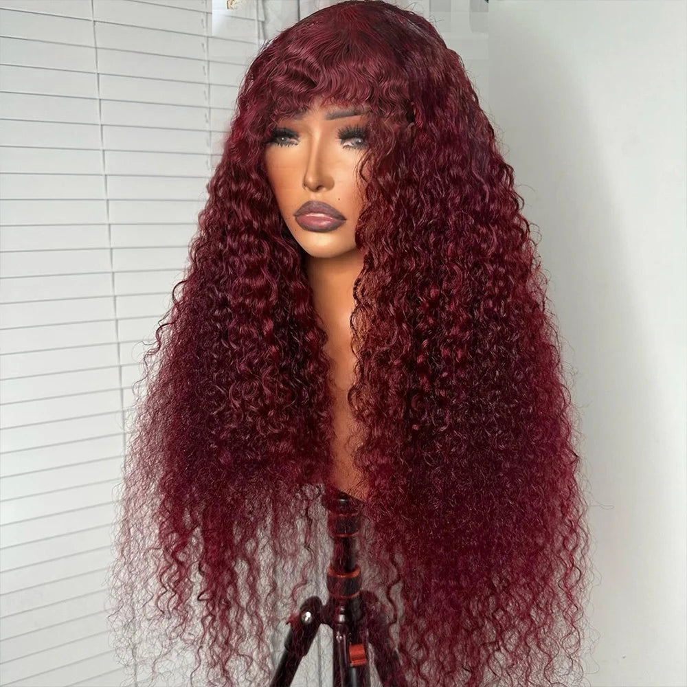 Curly Wig with Bangs Human Hair 99J Burgundy Water Wave Color Wigs Red wig with Bangs Colored 100% Brazilian Human Hair