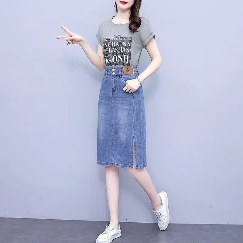Jeans Skirts for Women Woman Denim Skirt High Waist Midi Maxi Long with Pocket Slit Chubby Modest Quality Luxury Elegant Stylish