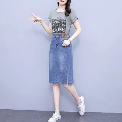 Jeans Skirts for Women Woman Denim Skirt High Waist Midi Maxi Long with Pocket Slit Chubby Modest Quality Luxury Elegant Stylish