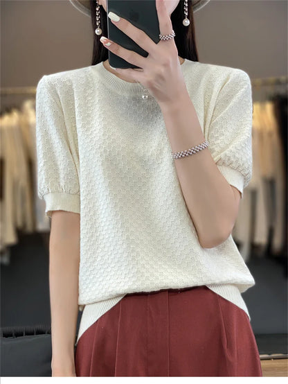 Women's T-shirt Summer 100% Cotton Sweater Short Sleeve Solid Color Round Neck Ladies Tops Loose Blouse Basic Pullover Tees