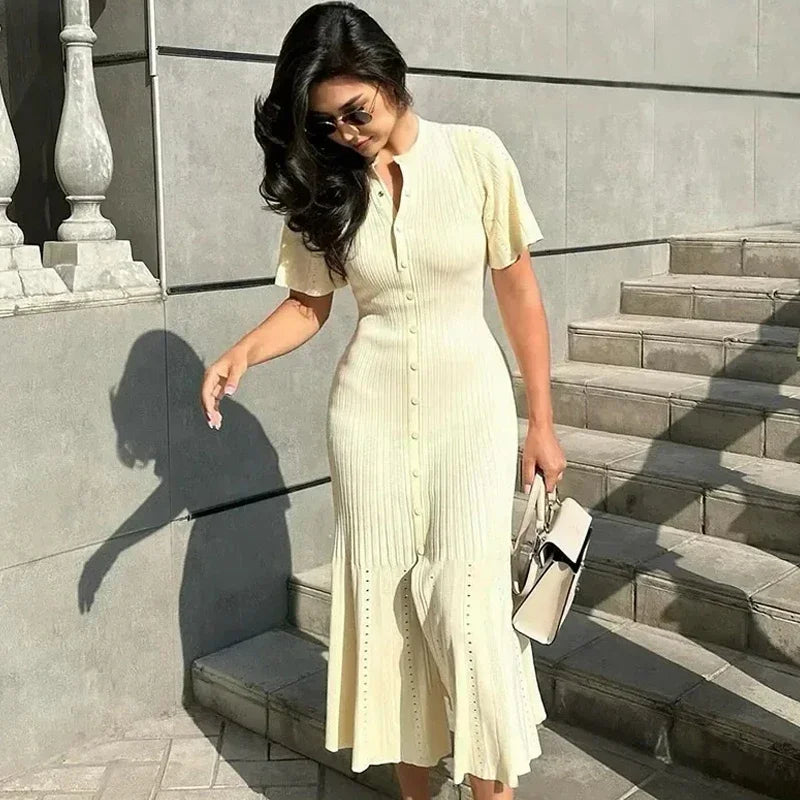 Elegant Knit Dress For Women White Slim O-neck Single Breasted Short Sleeve Long Dresses Female 2025 Spring Fashion Lady Robe