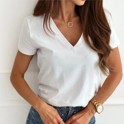 Women's Blouses T-shirt New Fashion Summer Pullover Tops White Short Sleeve Slim Fit V-Neck T-Shirt For Women Casual Clothing