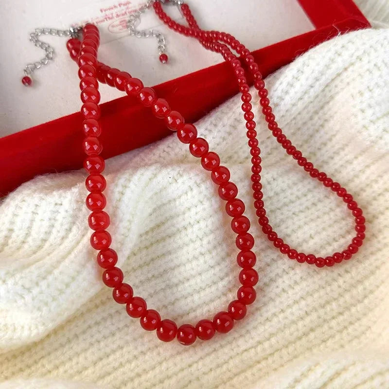 Red Beaded Necklace for Women Glass Bead Clavicle Chokers Exquisite Elegant Neck Necklace Aesthetic Jewelry Party Accessories