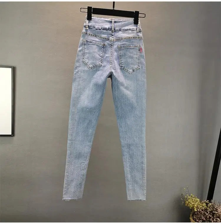 Women's Jeans 2025 Summer New Elastic Slim Heavy Industry Hot Diamond Small Foot Pencil Pants Female Casual Denim Trousers