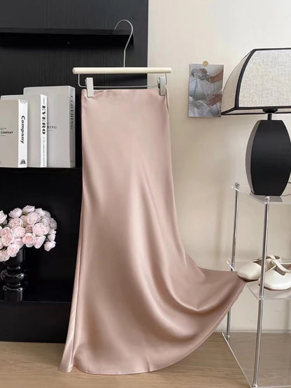 Long Skirts for Women High-waisted Thin Satin Acetate Silky Fishtail Skirt Korean Fashion Clothing Elegant Women's A-line Skirt