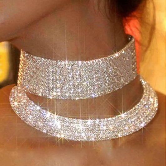 Women Necklace Shiny Rhinestone Multi Layers Adjustable Luxury Stainless  Bride Wedding Neck Jewelry