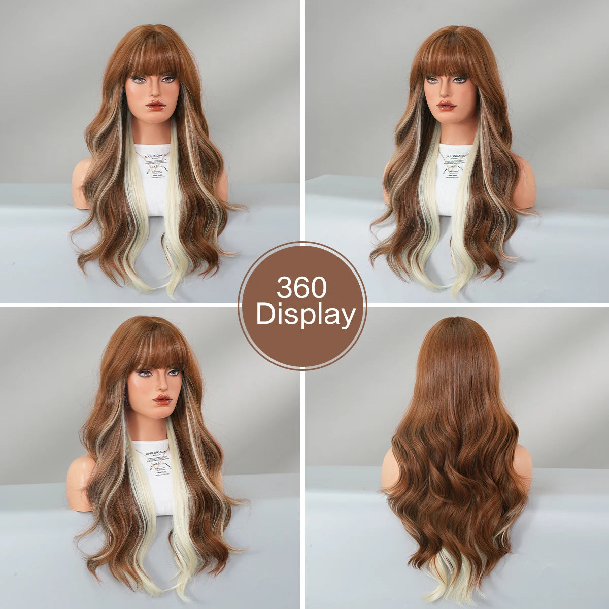 7JHHWIGS Long Body Wave Copper Highlight Beige Wig for Women High Density Synthetic Layered Modest Fashion Wigs with Neat Bangs