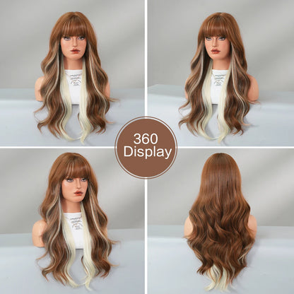 7JHHWIGS Long Body Wave Copper Highlight Beige Wig for Women High Density Synthetic Layered Modest Fashion Wigs with Neat Bangs