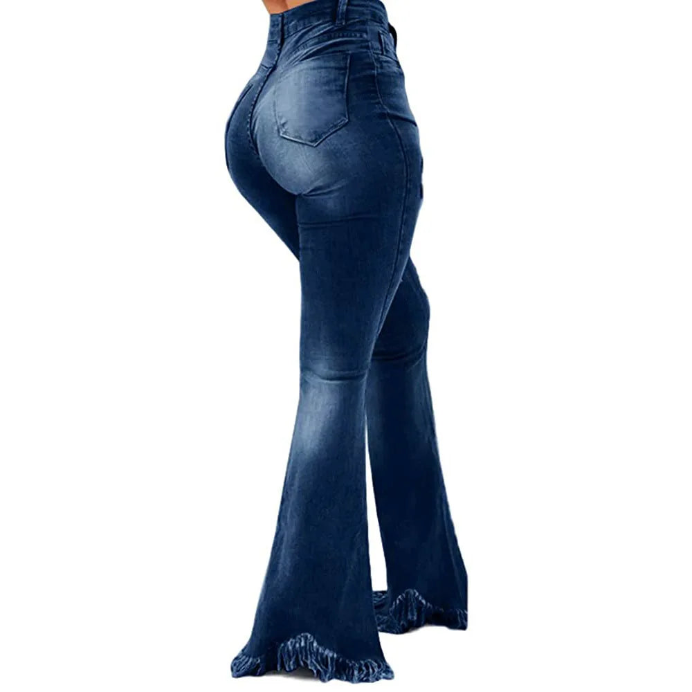 Jeans Women Long Pants Flare Pant Slim Fit Bodycon Y2k Streetwear Casual Elegant Splice Denim Trousers Solid Hole High Waist