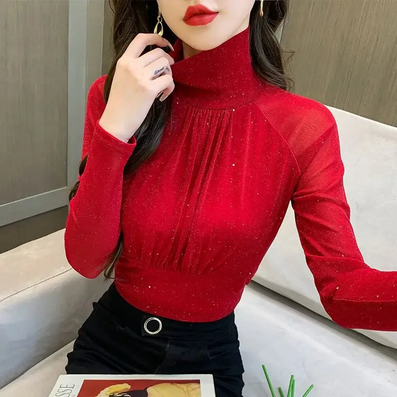 Tops Woman Autumn Winter Red Long Sleeve T Shirt for Women Rhinestone Turtleneck Glitter Sequin Cheap Clothes Elegant Clearance