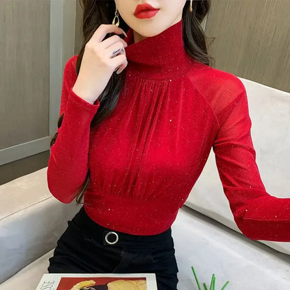 Tops Woman Autumn Winter Red Long Sleeve T Shirt for Women Rhinestone Turtleneck Glitter Sequin Cheap Clothes Elegant Clearance