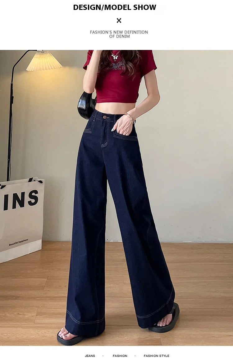 Women's New Jeans Dark Blue Wide Leg Loose Jeans Female Spring and Fall New High-Waisted Loose Straight Jeans Wide Leg Pants