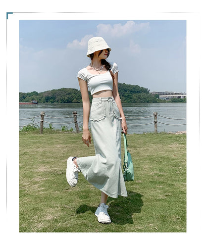Apricot Denim Skirt Summer Women's 2024 New High Waist Slim Fashion Design Pocket Hip A-line Ankle-length Jean Skirt