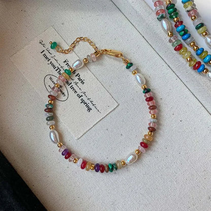 High Quality Colorful Beads Stone Natural Freshwater Pearl Necklaces For Women Retro Gold Color Clavicle Chain Jewelry Gifts