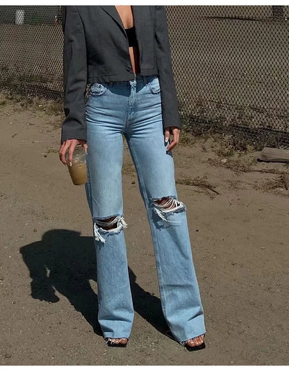 MiuKoMiYa Ripped Jeans For Women 2023 Streetwear Straight Denim Pants High Waist Long Denim Trousers Women Hollow Out Jeans