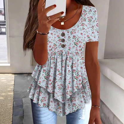 Women Summer Tops Tees Sexy Vintage Blouse Cotton Ruffles Short Sleeve Shirt Ruffles T Shirts Loose Casual Tees