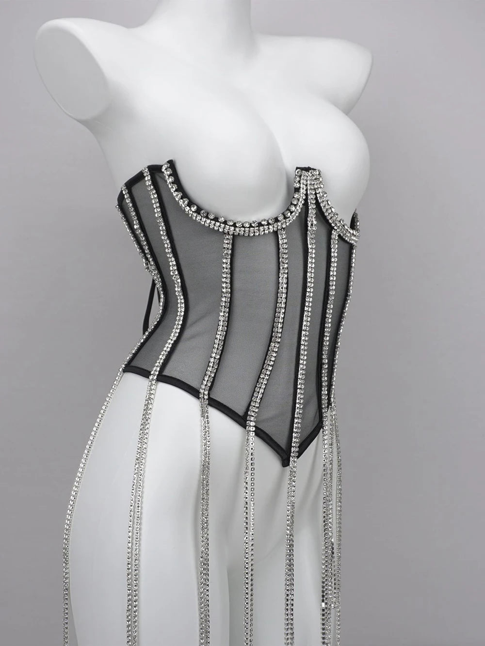 Women Tunic Bras In Waist Corset Tops Fashion Diamond Luxury Diamond Tassel Corset Slim Vest Sexy Tmesh Sheer Top Female 2025