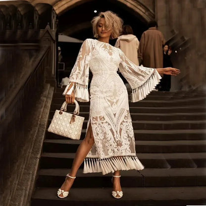 Elegant Long Dresses for Women Banquet Evening Dress Lace Embroidery Fringe Sexy Dress Vintage Wedding Party Prom Robe Vestidos