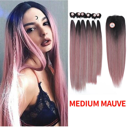 Synthetic Hair Weaving Bundles with 4*4 Clousure Lace Frontal Ombre Wig Natural Wave Straight Hair Extensions Soku Hair Weave