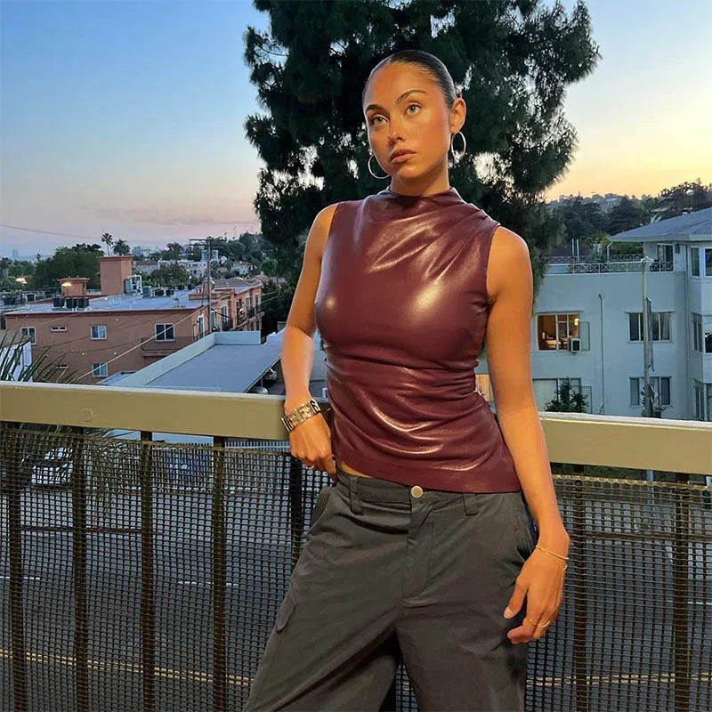 Women Y2K Vintage Pu Simple Basic Tank Top High Waist Skinny Shrunk Slash Cut Sleeveless Tops Versatile Noble Shirts