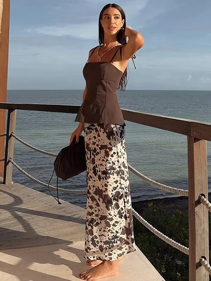 MUJER Print Satin Long Skirts for Women High Waist Midi Skirt Woman Spring Belt Women's Skirt Cylinder Vintage Women Skirt Sets