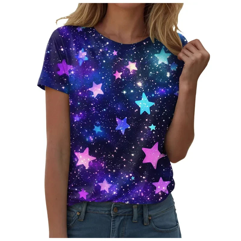 Top blouse woman trend 2025 women 3D galaxy print t shirts glitter shirts blouse fashionable Starry Sky summer ropa para Mujer