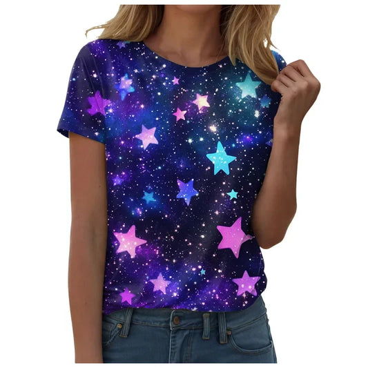 Top blouse woman trend 2025 women 3D galaxy print t shirts glitter shirts blouse fashionable Starry Sky summer ropa para Mujer