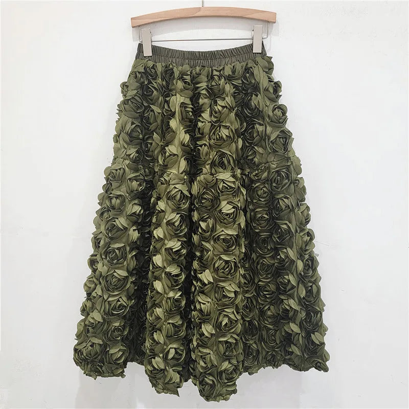 Skirt for Women 2025 Summer Versatile Three Dimensional Flower Mid-calf Skirt High Waist Big Swing Fashion A-line Long Skirts