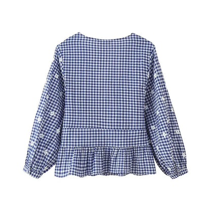 Women's Tops New Summer 2025 Small Check Tops Embroidered Trims Sexy Deep V-Neck Casual Fashion Versatile Personality