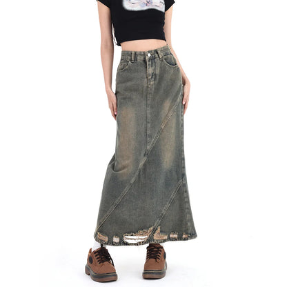 Women Denim Skirt Y2k Emo 2000s Clothes Long Skirt Harajuku Korean 90s Fashion Vintage Gradient A-line Jean Skirt Grunge Clothes