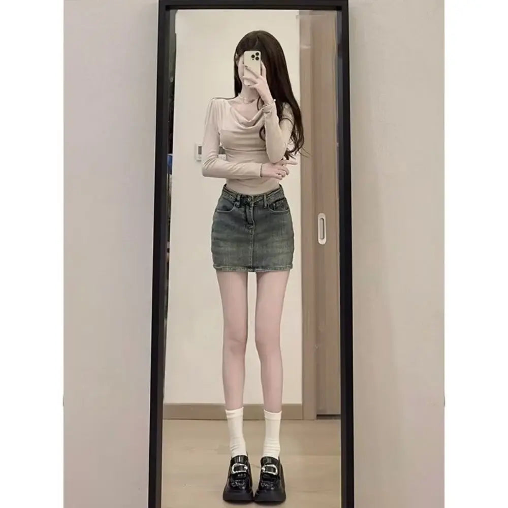 Fashion High Waist Mini Skirt Retro Slim Fit Short Skirt A-Line Casual Jean Skirt Girls