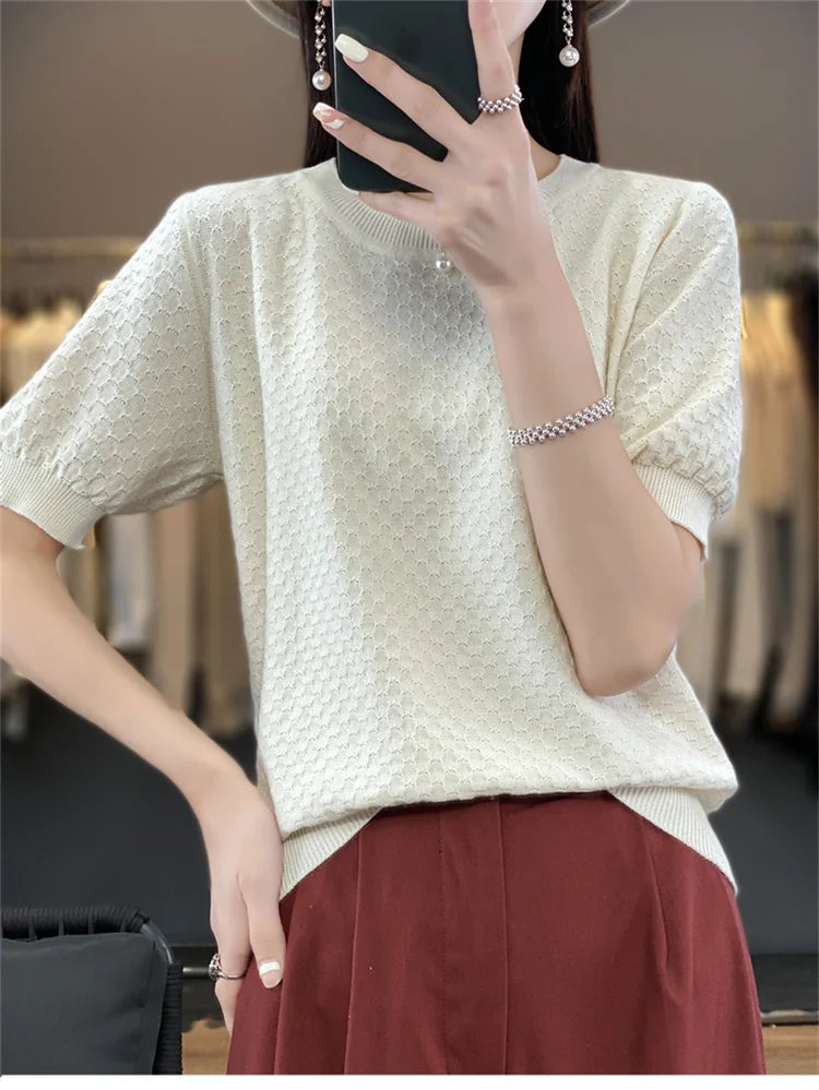 Women's T-shirt Summer 100% Cotton Sweater Short Sleeve Solid Color Round Neck Ladies Tops Loose Blouse Basic Pullover Tees