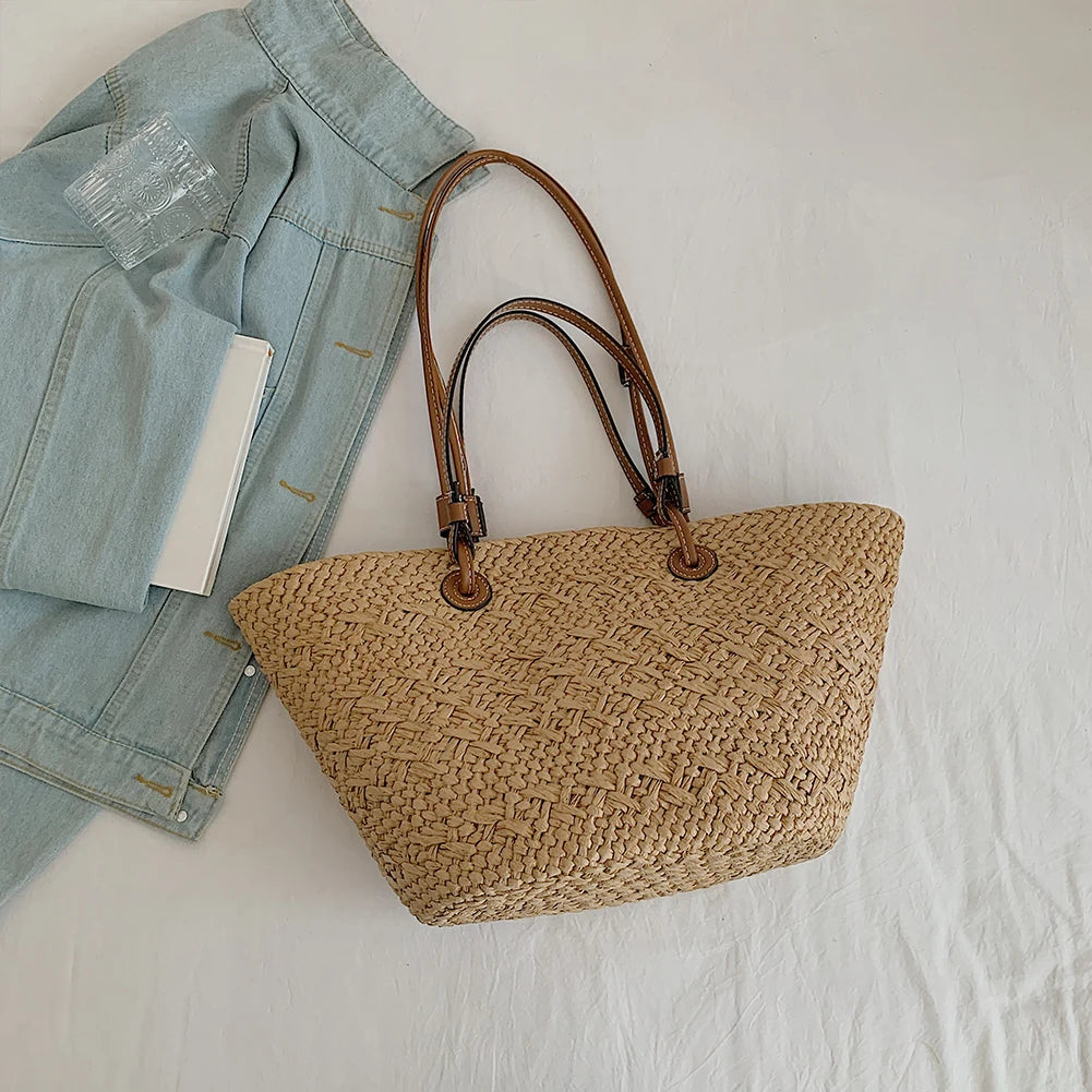 Women Woven Tote Bag Simple Woven Handbag Large Capacity Stylish Weaving Bag Tote Clutch Bags Chic Hobo Bag for Party Vacation
