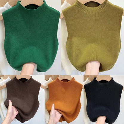 Women's Vest Tank Top Solid Color Knitted Tees Cropped Camisole Sweater Half-turtleneck Spring Autumn Sleeveless топ женский