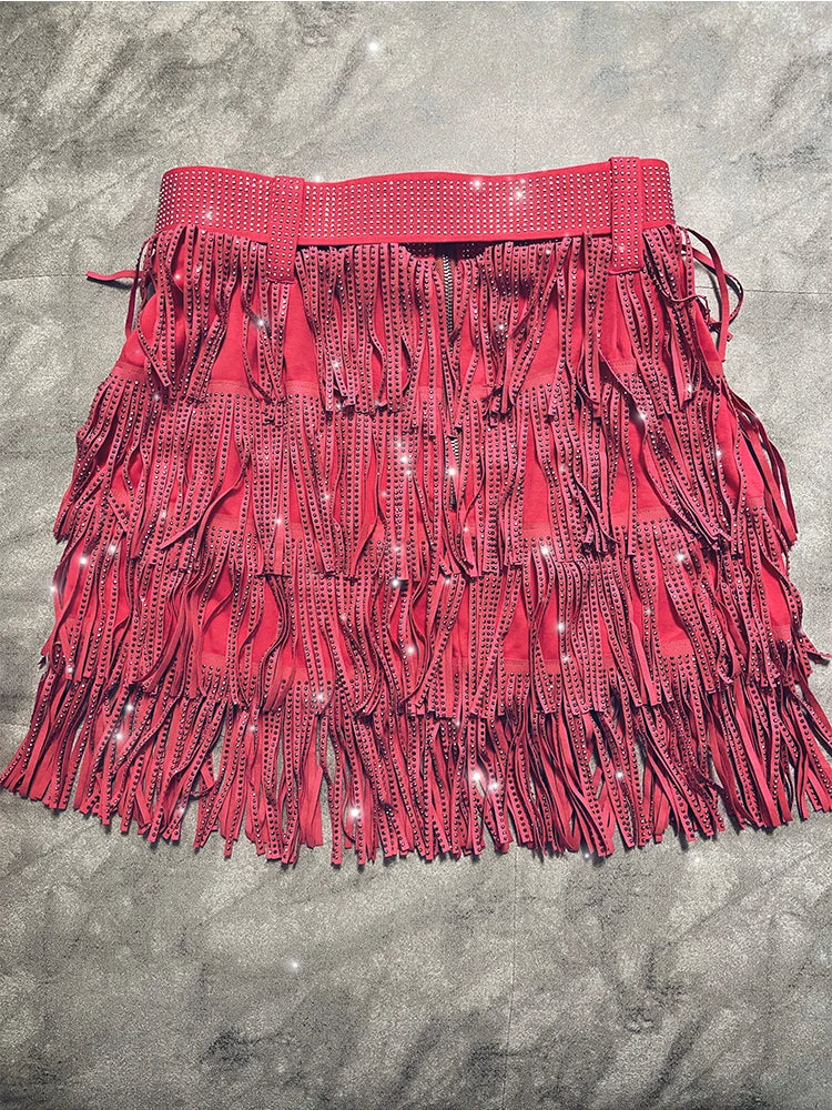 Women Skirt Fashion 2025 New Autumn High Waist Belt Multi Layer Short  Heavy Drilling Rhinestones Fringed Skirt with Cake A Line