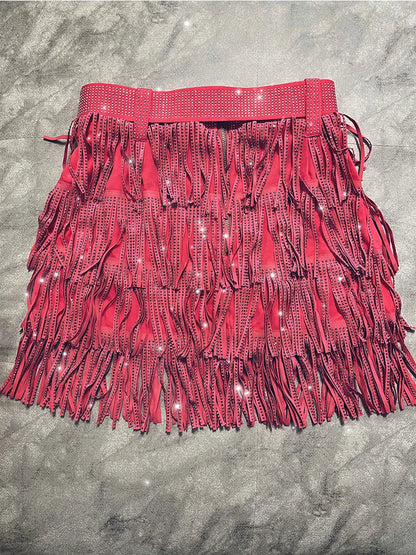 Women Skirt Fashion 2025 New Autumn High Waist Belt Multi Layer Short  Heavy Drilling Rhinestones Fringed Skirt with Cake A Line