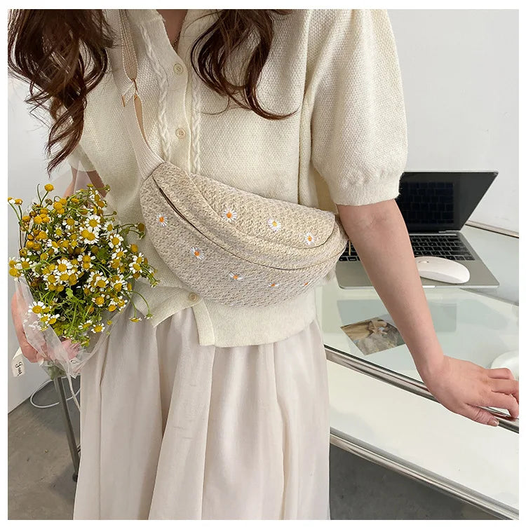 Women's Waist Bag Straw Woven Ladies Shoulder Crossbody Bags for Women 2023 Summer Fanny Pack Fashion Phone Female Chest Bag
